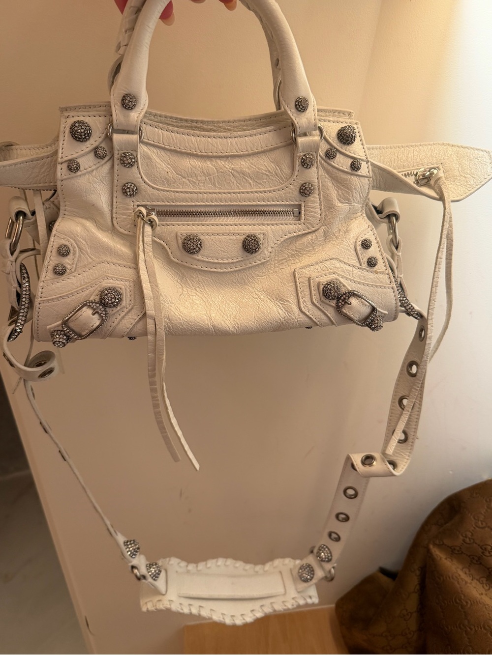Balenciaga White Studded Leather Satchel with Strap